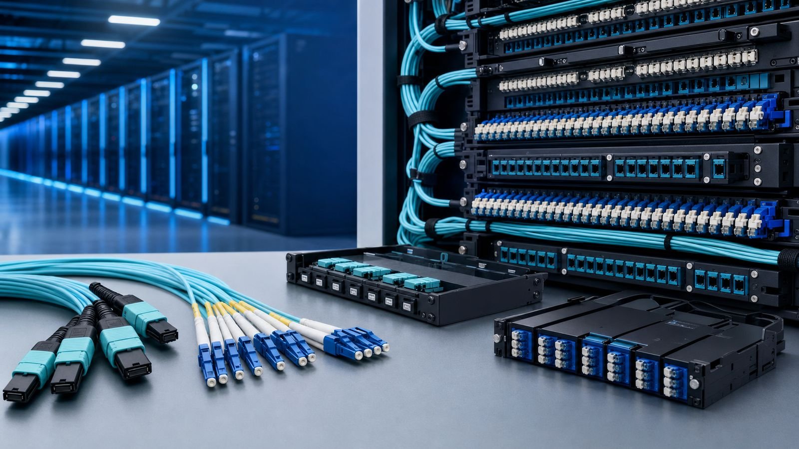 Enterprise data center server racks and structured fiber cabling