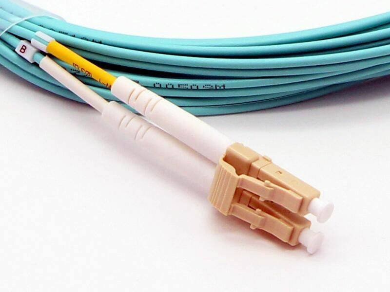 LC-LC OM3 duplex fiber patch cord connector close-up