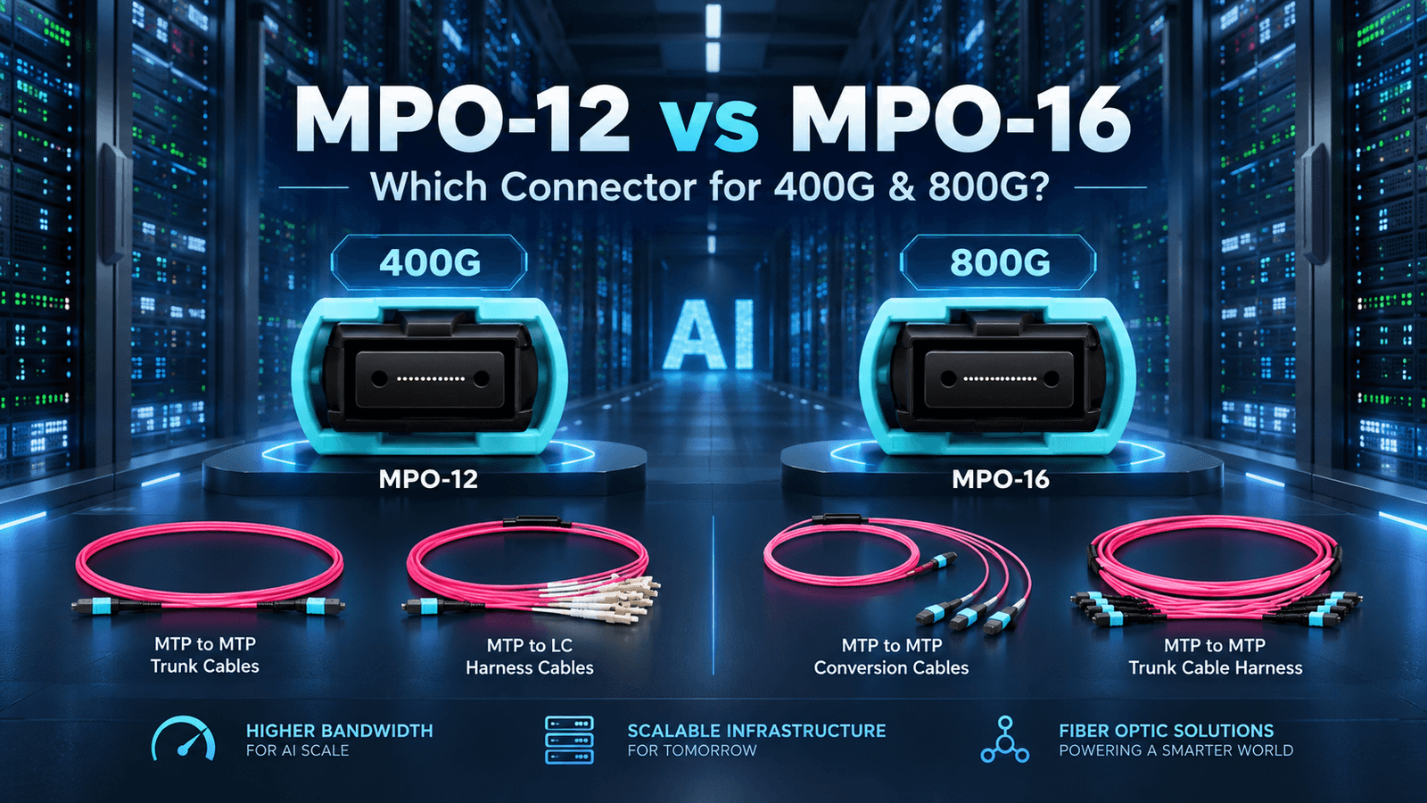 MPO-12 vs MPO-16 connectors for 400G and 800G data center cabling