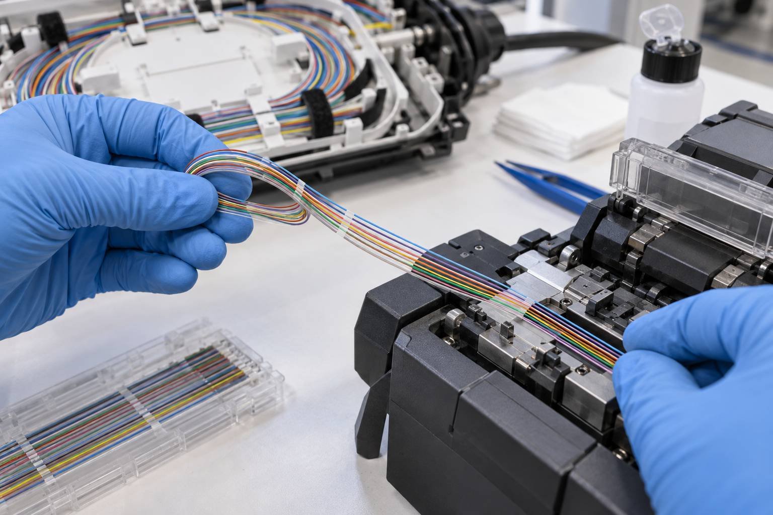 Technician preparing rollable ribbon fiber for mass fusion splicing